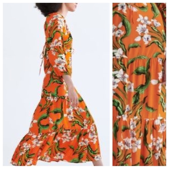 NWT. Zara Orange 100% Viscose Cut-Out Printed V-neck Midi Dress. Size S. - Picture 4 of 10